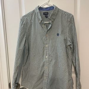 EUC Chaps button down dress shirt. Navy blue and green plaid. Boys XL (18/20)